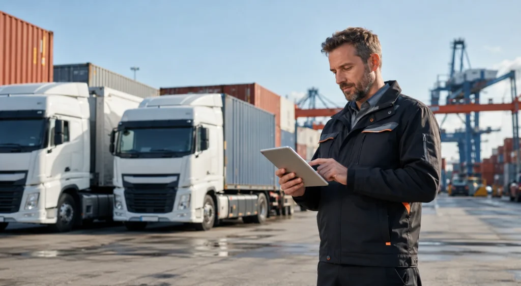 Fleet operations manager using a tablet at a modern container terminal with trucks in the background.