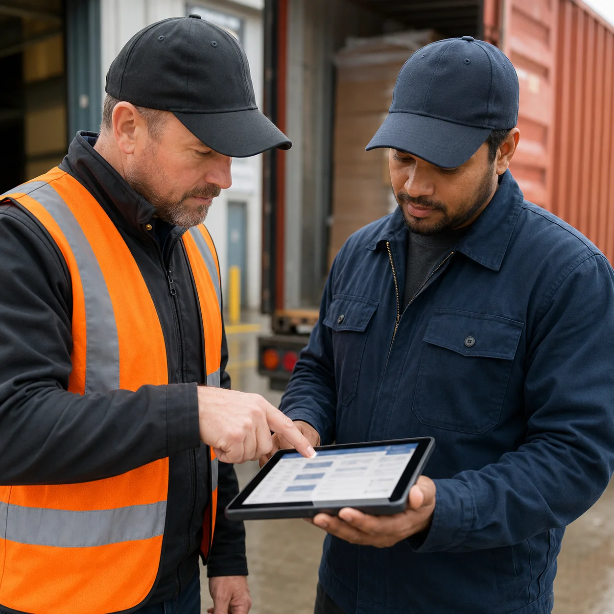 Transport manager reviewing fleet information